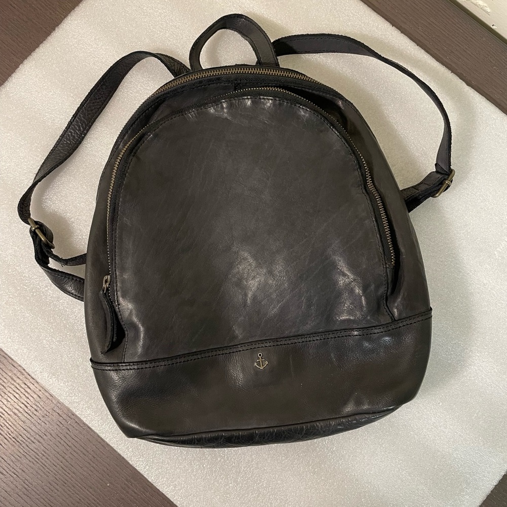 Harbor 2nd Black Leather Backpack with Anchor Accent